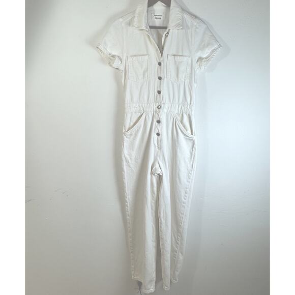 REFORMATION JEANS Jumpsuit Size 2 White Denim Short Sleeve Button Front Romper